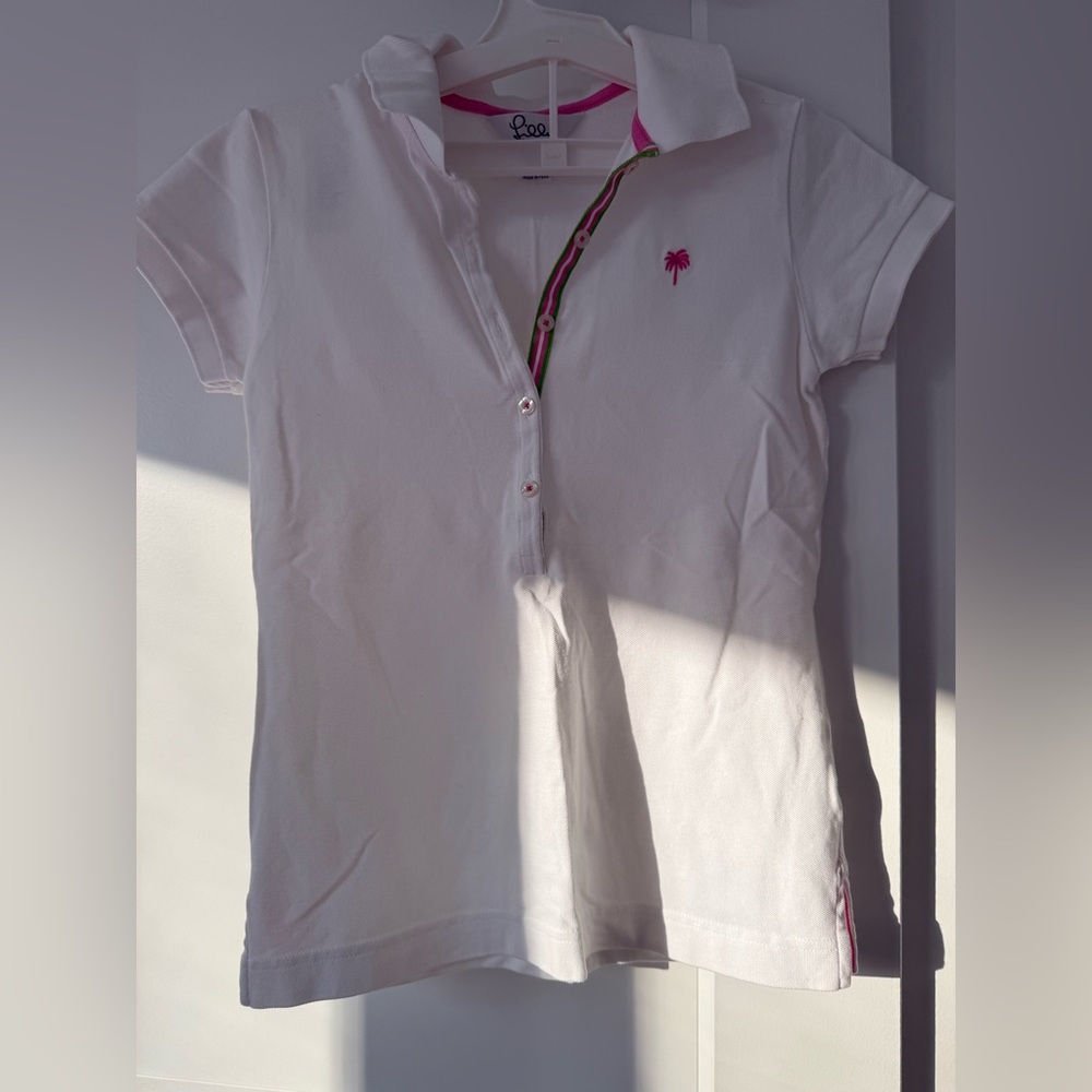 Lilly Pulitzer White Polo with Pink Palm Accent